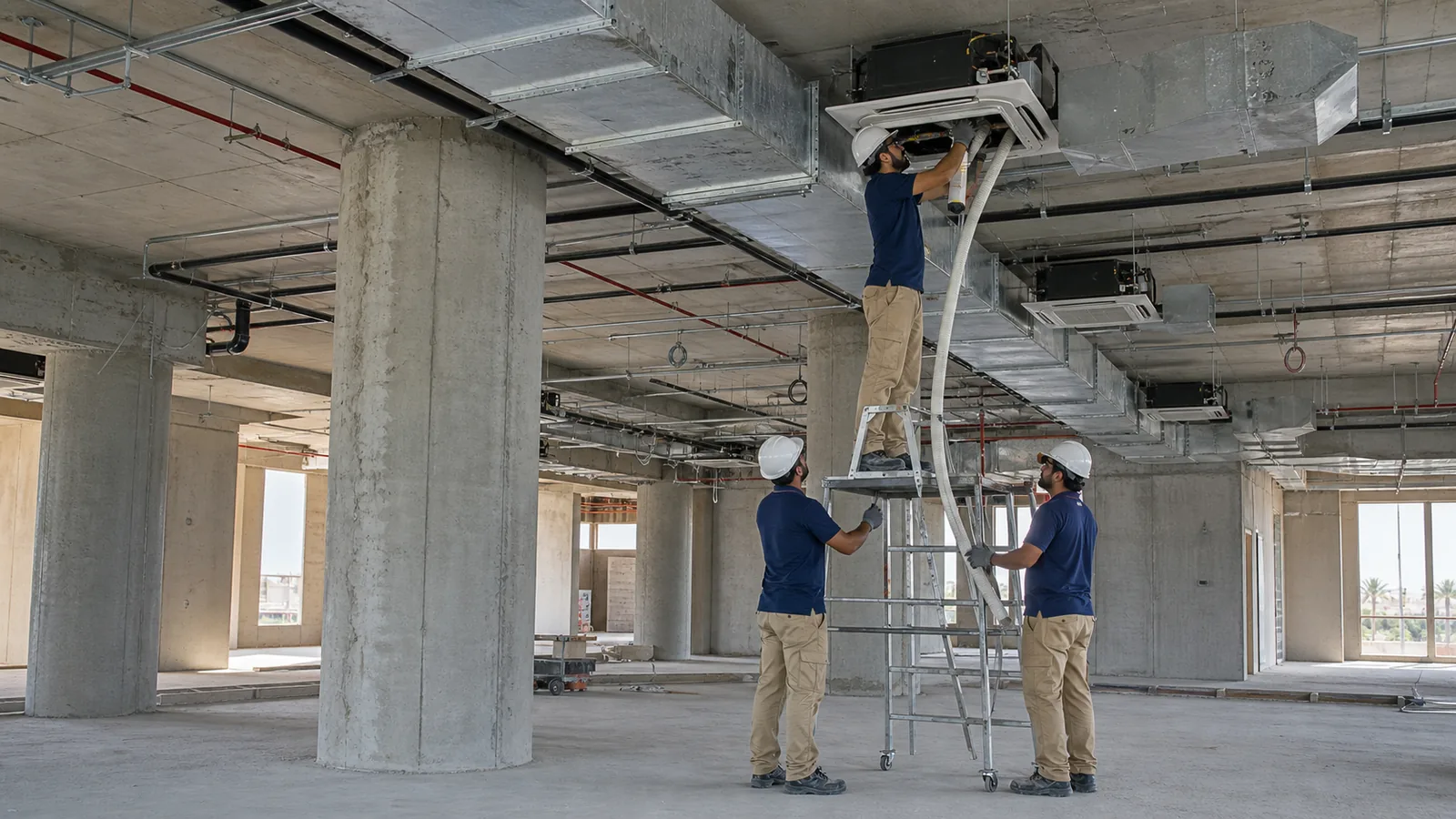 Technical team installing ducted AC services in a large unfinished property