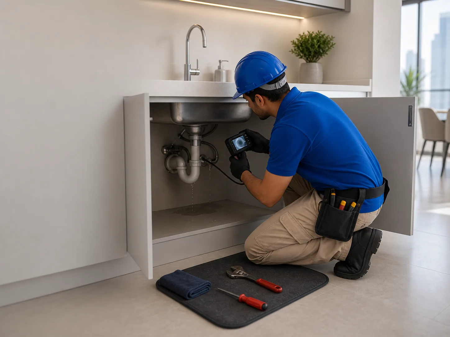 Under-sink plumbing inspection context